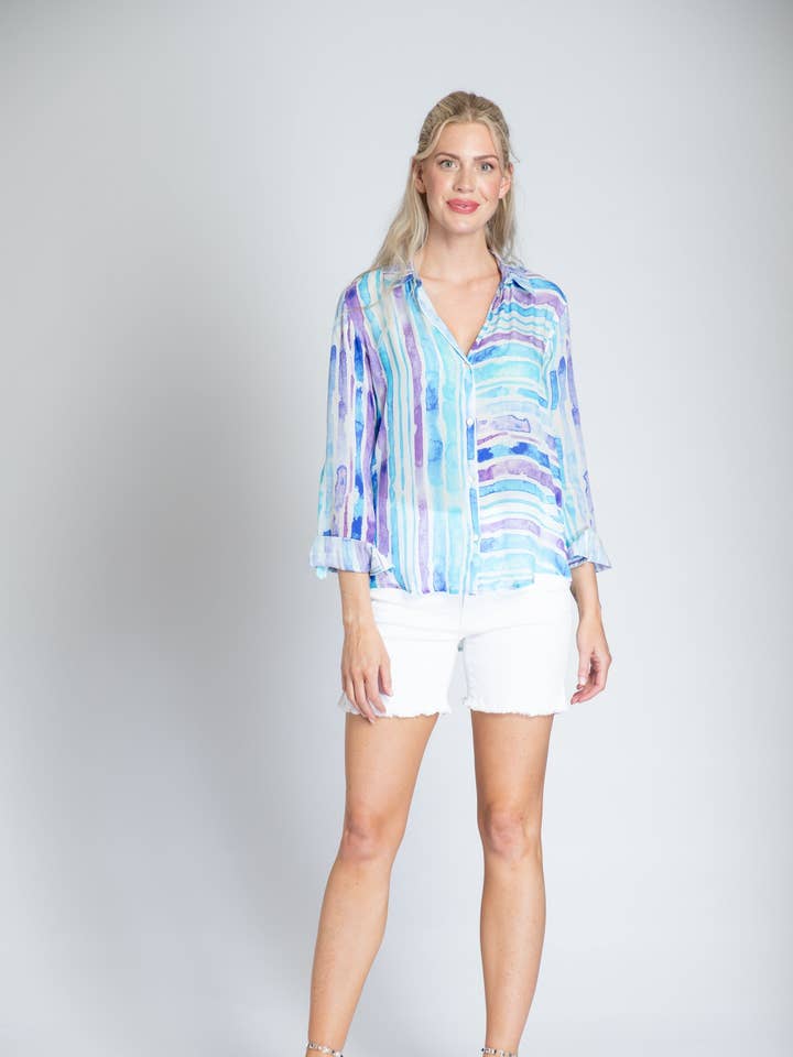 No Color Watercolor Stripe Print - Button-up With Roll-up Sleeve for wholesale on Faire0