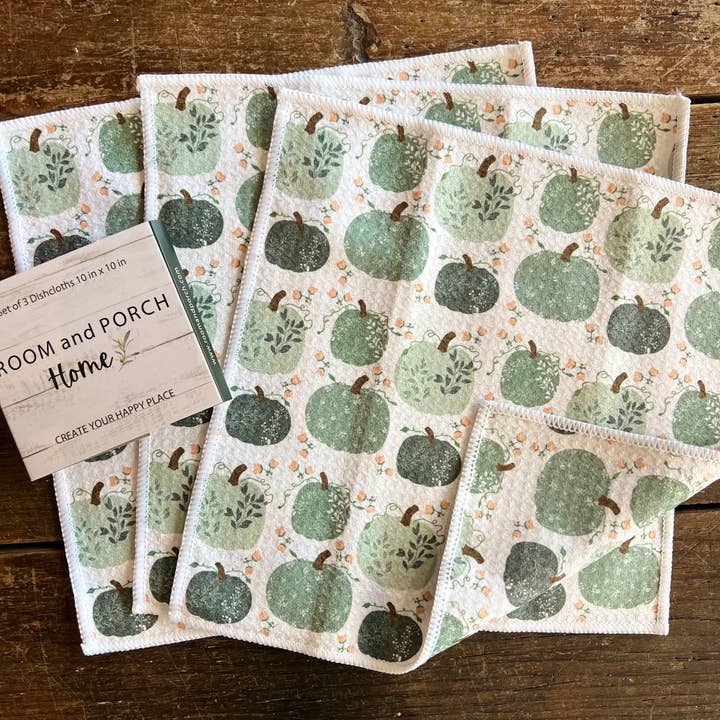 ROOM and PORCH - Wholesale Dishcloth - Sage Pumpkins Dishcloths - 2 sided - set of 3 10"x10"