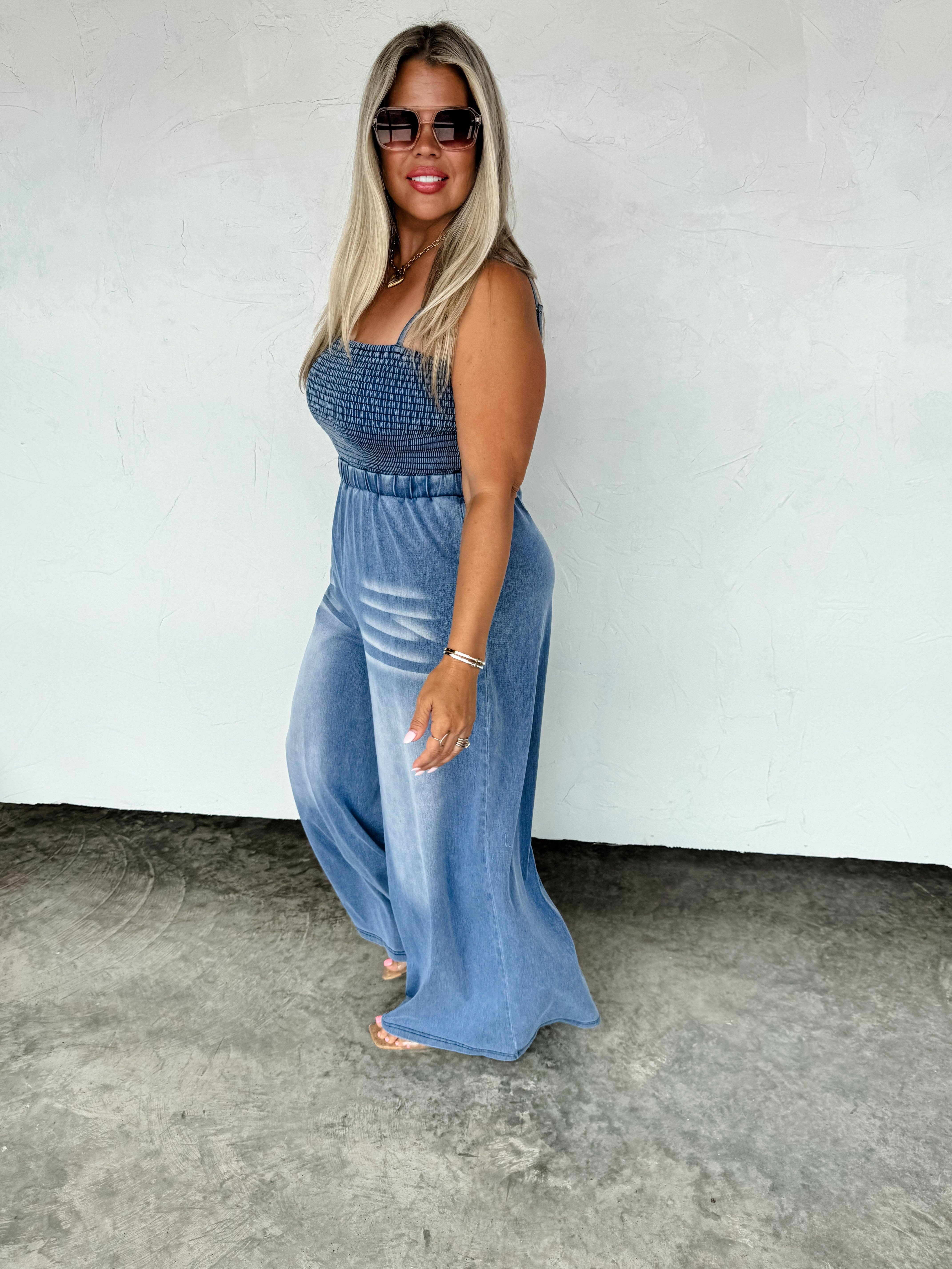 BLAKELEY - Wholesale Romper - Women's - DENIM CRUSH SMOCKED ROMPER1