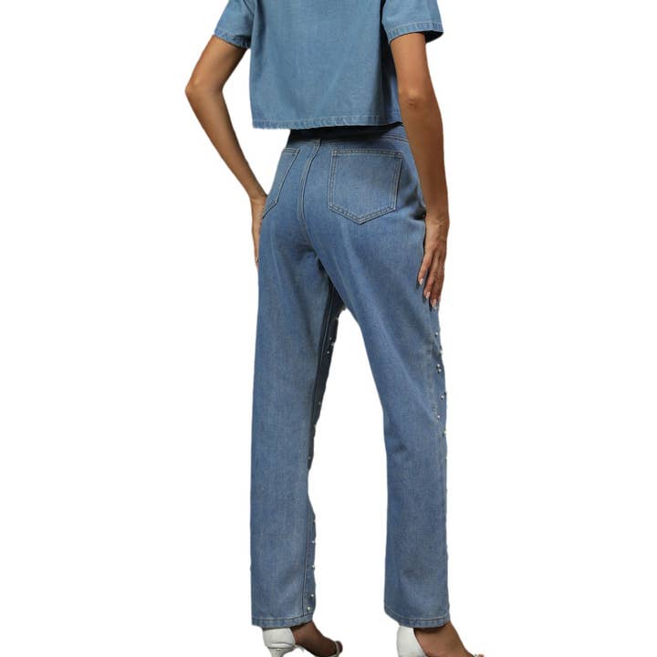 Blue Women's Autumn Washed Pearl Straight Leg Jeans for wholesale on Faire3