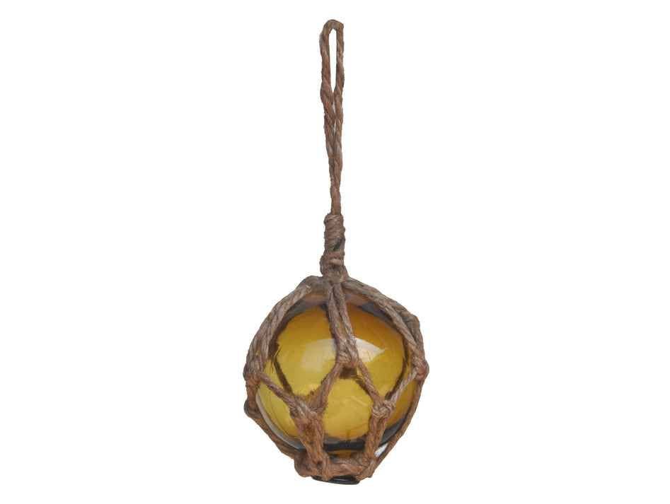 Hampton Nautical - Wholesale Decorative Tabletop Object - Amber Japanese Glass Ball Fishing Float With Brown Netting Decoration 3"2