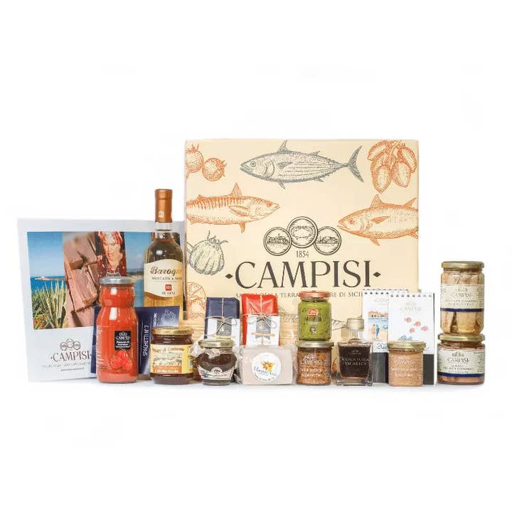 Gavekurv Gold 1 med 13 sicilianske produkter - Hamper 634 for engroshandel hos The Sicily Essence