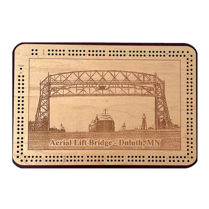 Duluth Aerial Lift Bridge 2 Track Cribbage Board for wholesale by D&D Custom Laser Designs