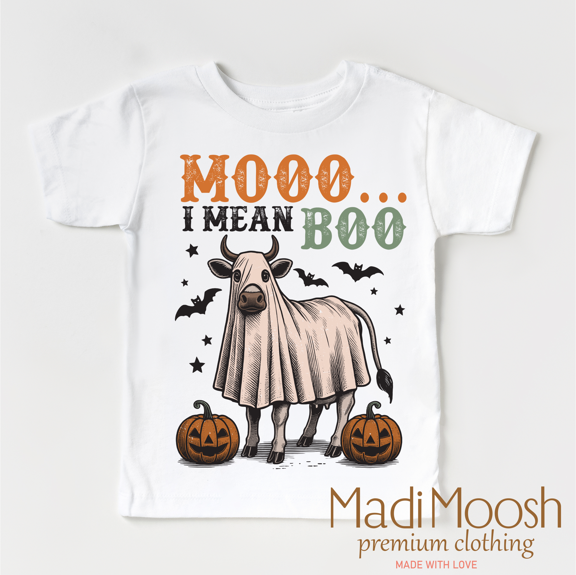 Madi Moosh – T-shirts estampadas – Criança por atacado – Camisa Retro de Halloween Moo I Mean Boo - Camiseta Country Halloween3