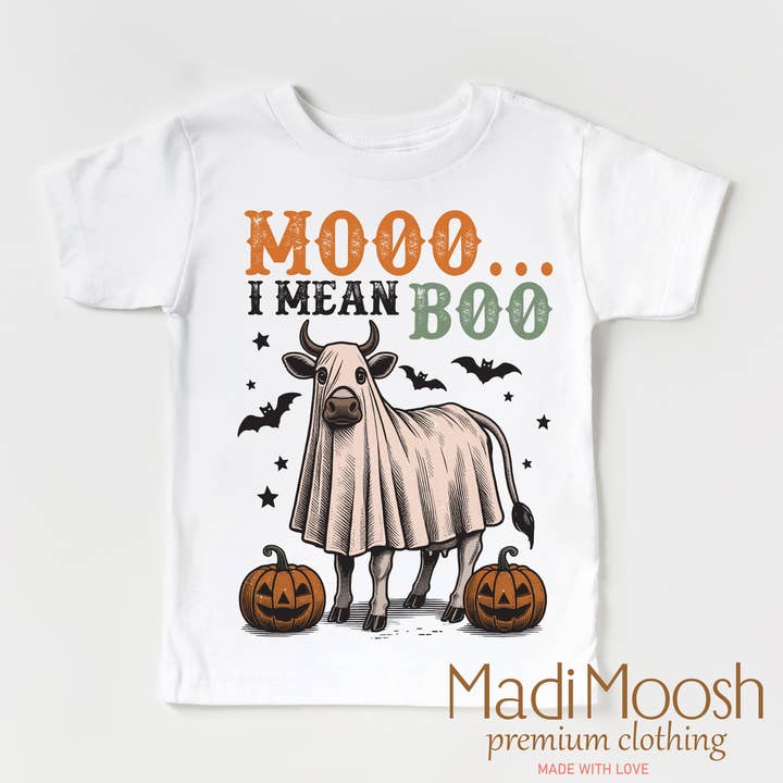 Madi Moosh – T-shirts estampadas – Criança por atacado – Camisa Retro de Halloween Moo I Mean Boo - Camiseta Country Halloween3