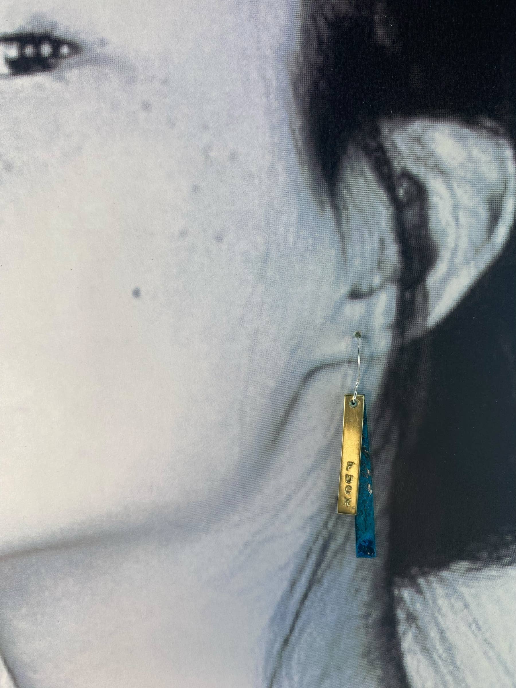 David Stepan - Wholesale Dangle Earrings - Fuck Earring 12 in Long Blue Patina with Brass Dangle3