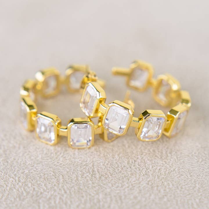Gesu Hoop Earrings in White Cubic Zirconia and Yellow Gold for wholesale by Laura Foote Designs