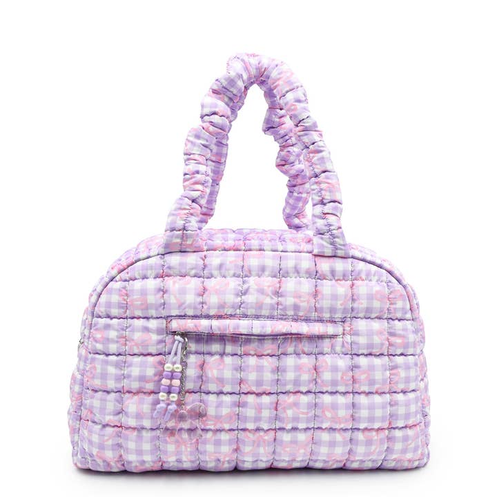 Sac polochon moyen matelassé, imprimé chouchous et nœud vichy pour la vente par OMG Accessories