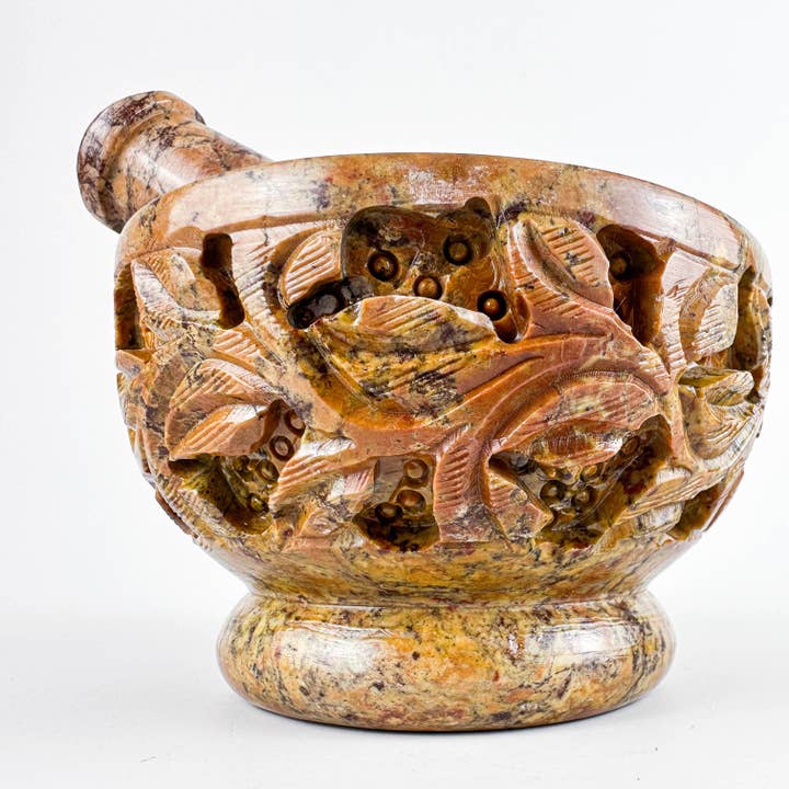 GREENROOTS USA LLC - Wholesale Mortar & Pestle - Soap Stone Carved Mortar & Pestle 4"D6