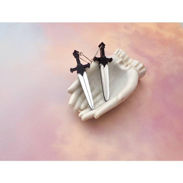 Medieval Sword acrylic earrings for wholesale by Rosamond Street