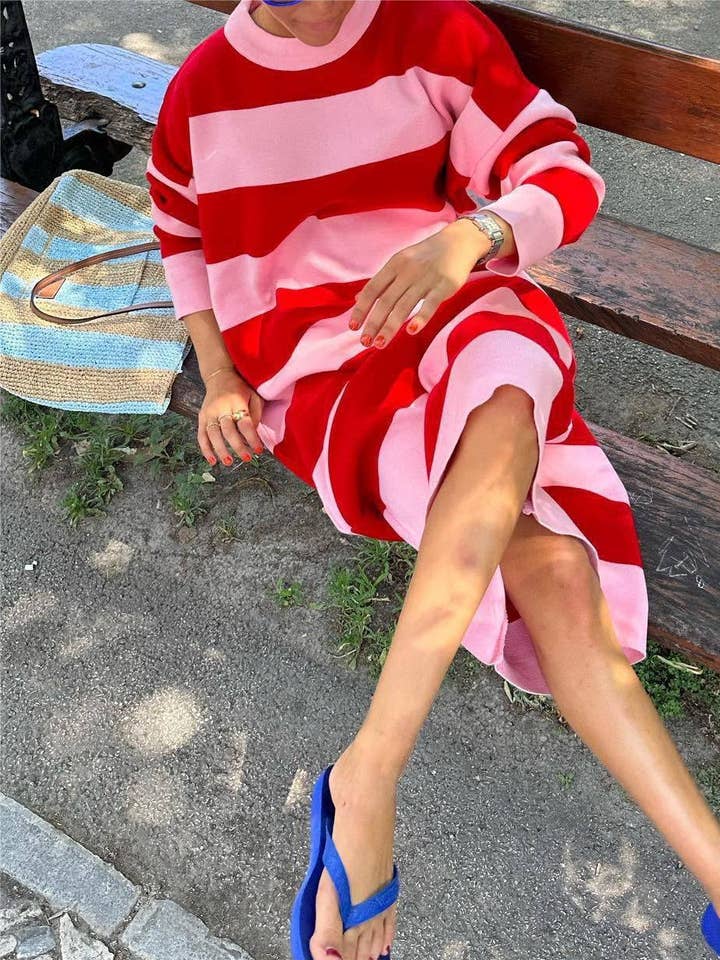 red Striped knit sweater dress for wholesale on Faire