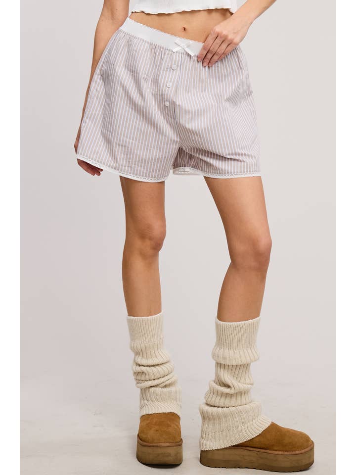 Mimosa - Wholesale Shorts - Women's - Scalloped Lace Hem Striped Boxer Style Shorts11