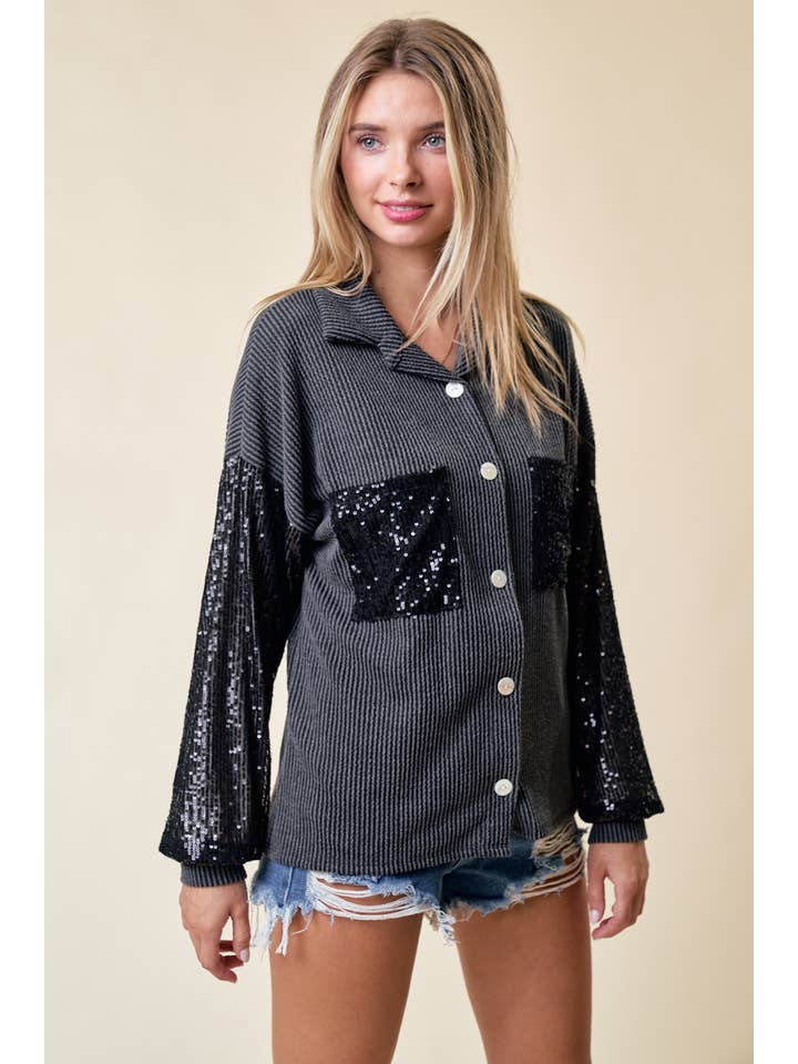lovely melody - Wholesale Shirt Jacket/Shacket - Women's - LMT4179-Sparkle and Shine Ribbed Shacket