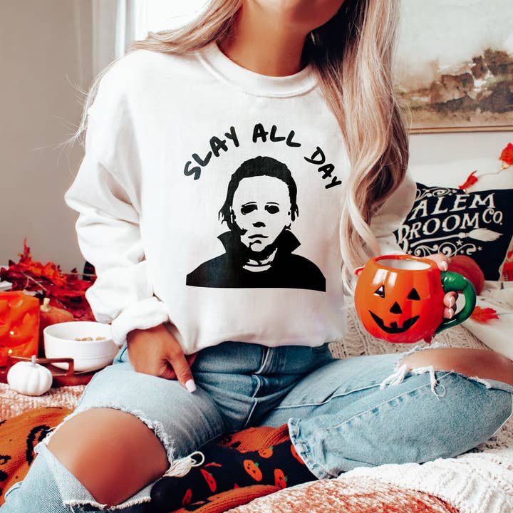 Slay All Day Michael Myers Halloween Sweatshirt for wholesale by Alley & Rae