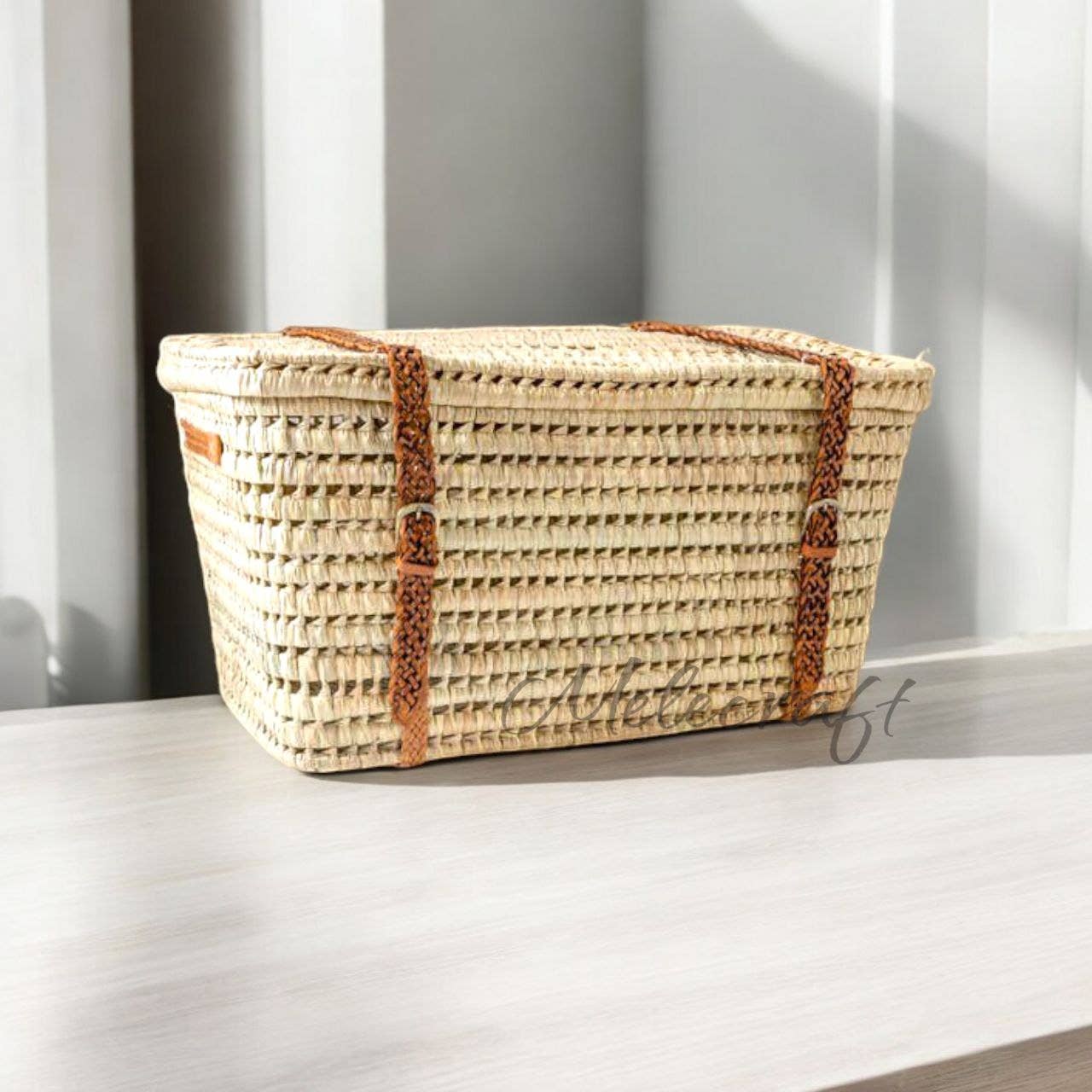 Melecraft – wholesale Basket – Leather-Handled Wicker Storage Basket, Artisan-Made0