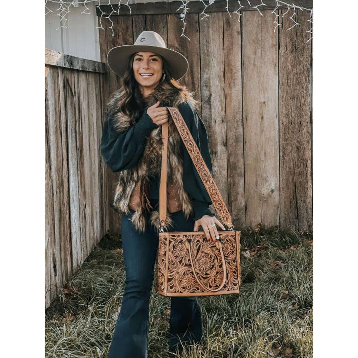 Leather Floral Tote for wholesale by Virginia Handbags