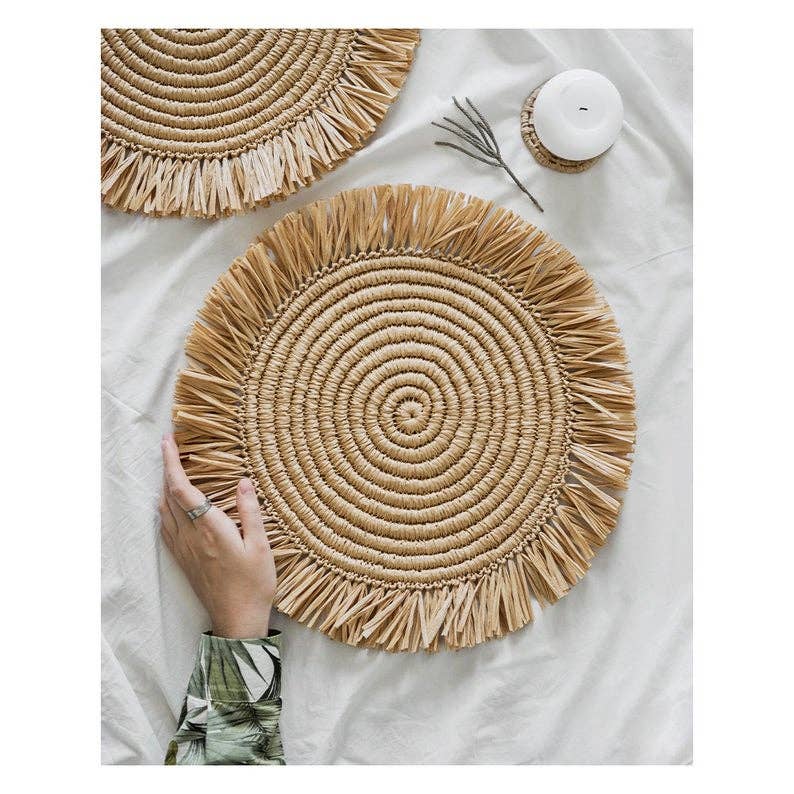 HandmadeBestSeller – wholesale Placemat – Round raffia table set with fringes Moroccan0