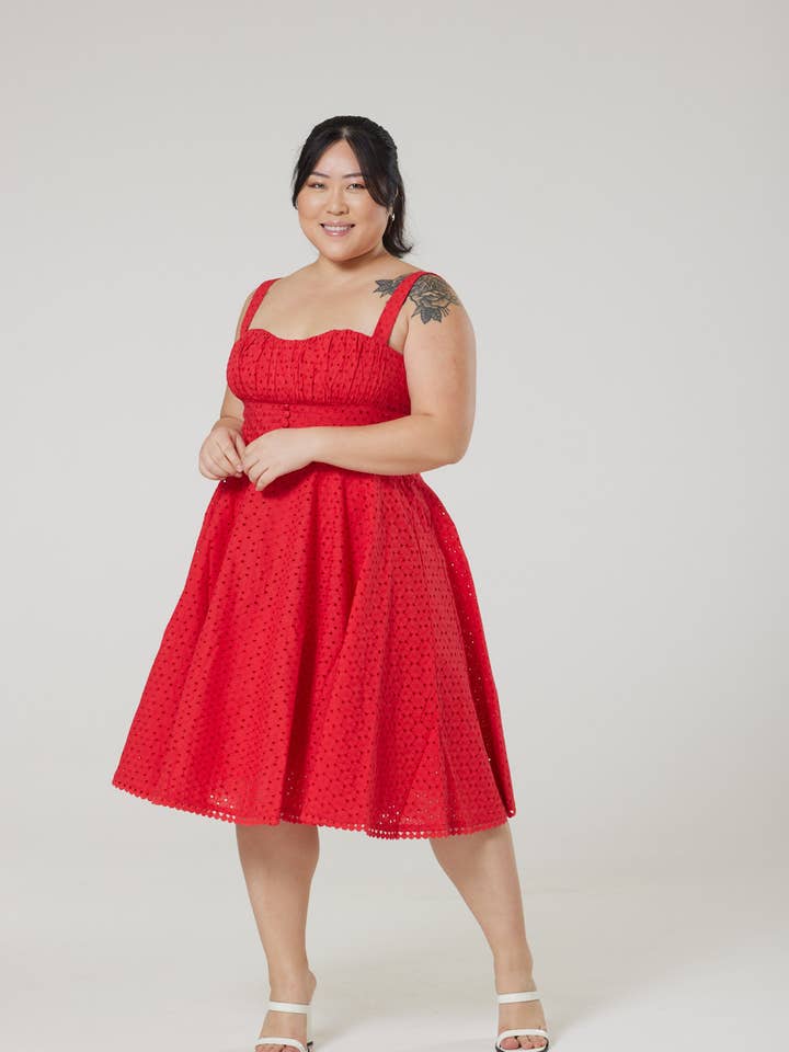 Valerie Fit&Flare OrgCotton Broderie Anglaise Red Dress for wholesale by Timeless London