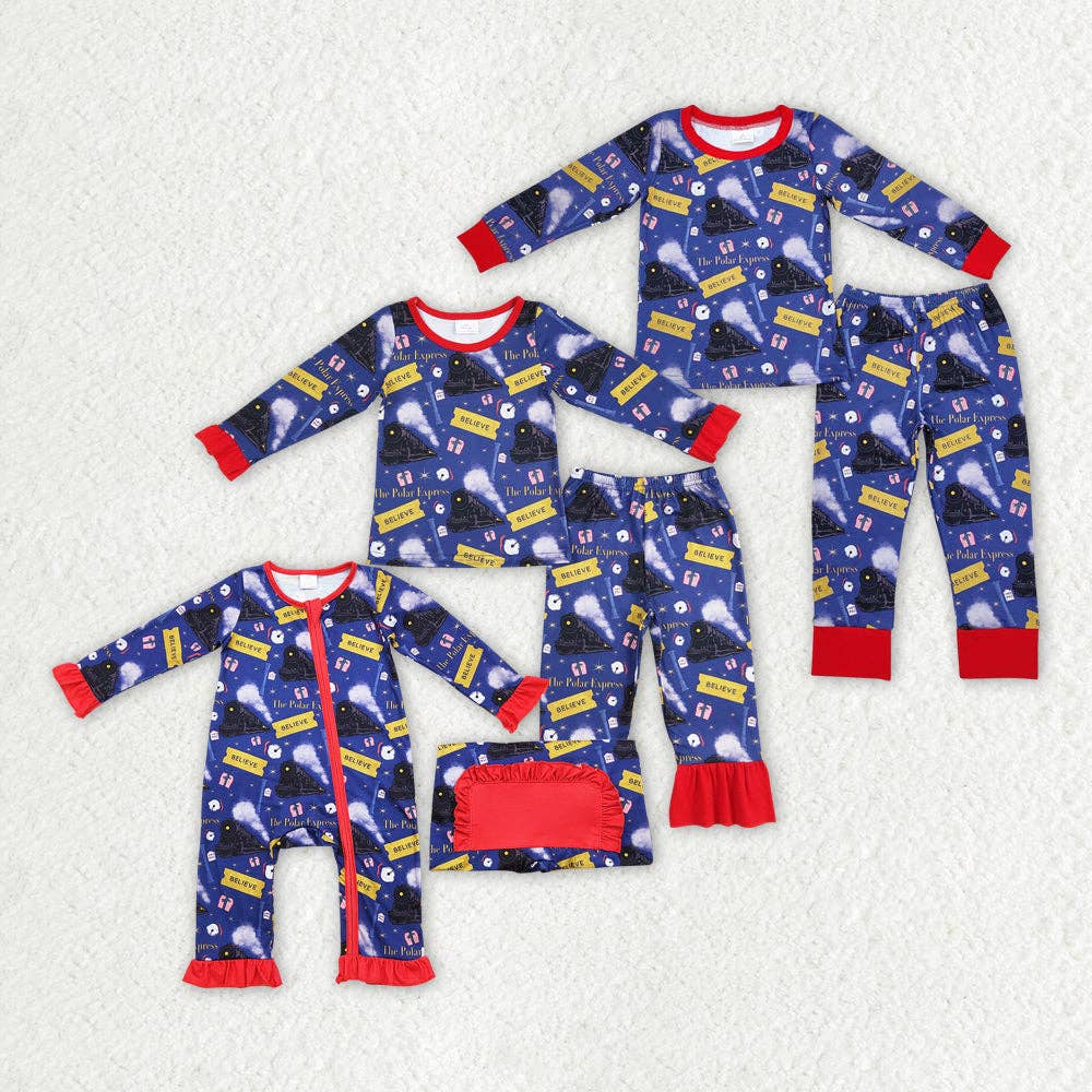 Aier Wholesale - Wholesale Sleepwear Set - Kids - Sibling Girls Boys Christmas Train Tee Shirt Pants Pajamas Sets3