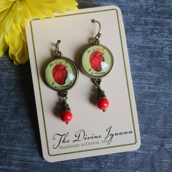 The Divine Iguana - Wholesale Dangle earrings - Loteria El Corazon Heart Glass Cabochon Earrings3