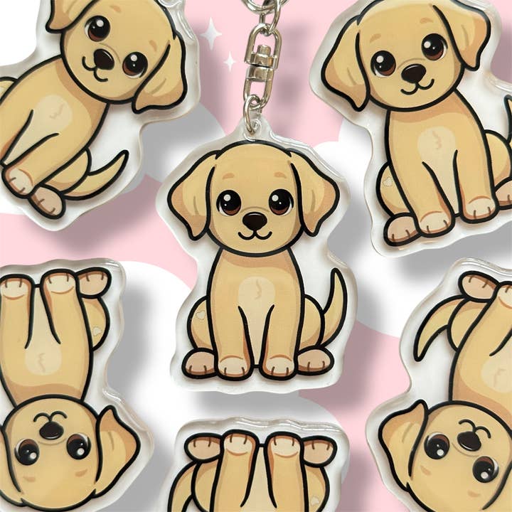 Gul Labrador Retriever akryl hundenøglering med epoxyharpiks | Let-klip, sød hundetegneserie, håndtegnet design, gave til hundeelskere for engroshandel hos Milly Made Designs