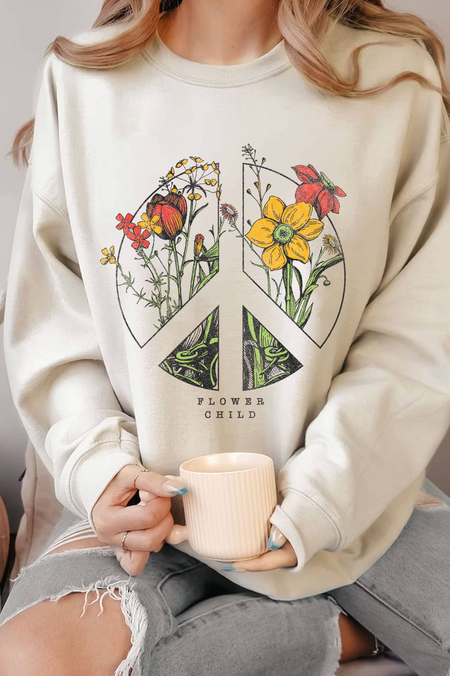 Rustee Clothing – Camisola gráfica - Mulher por atacado – SWEATSHIRTS GRÁFICAS DE CRIANÇA PEACE FLOWER ESCOVADO1