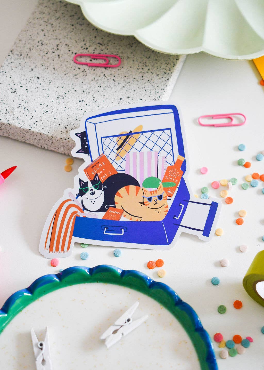 Nat Ellis Illustration – wholesale Sticker – Suitcase Cats- Holographic Vinyl Sticker 0