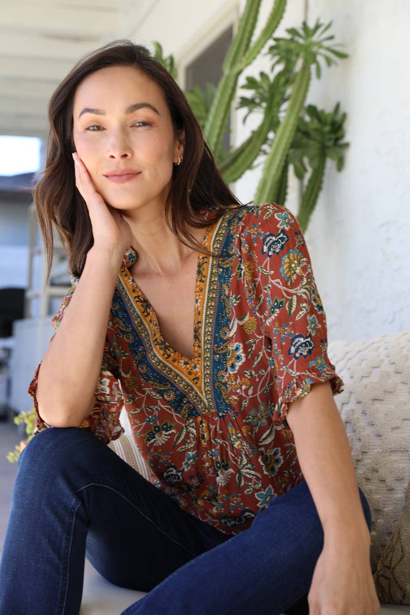 Nostalgia - Wholesale Blouse - Women's - E2V48-FQ75 SPLIT NECK HALF SLV BLOUSE6