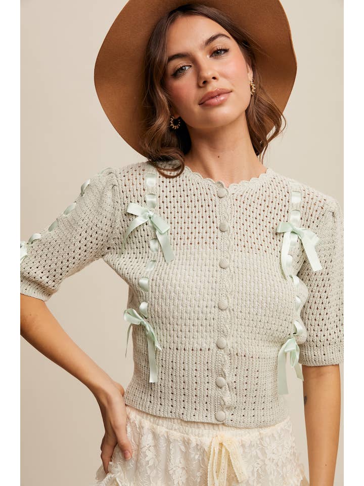 Listicle - Wholesale Cardigan - Women's - Pastel Knit Cardigan with Satin Bow Details