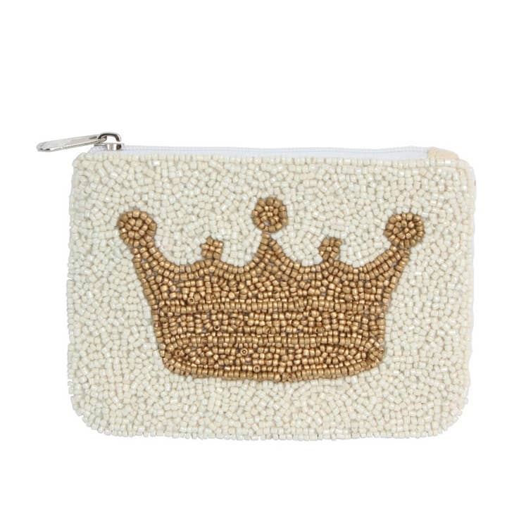 Ladies White Fully Beaded Crown Theme Coin Purse for wholesale by Nima Accessories Inc