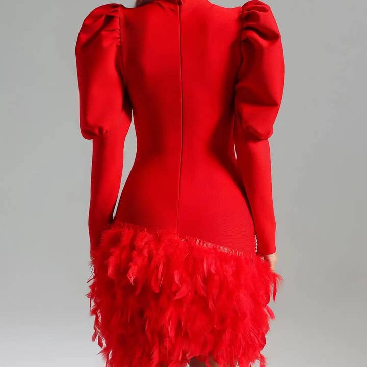 Productseeker - Wholesale Dress - Women's - DR334 Chic Red Feathered Bandage Dress