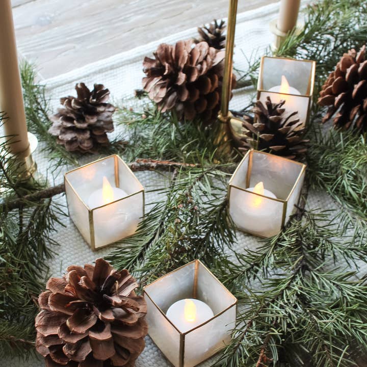 Dekorasyon Gifts Decor - Wholesale Candle Holder - 2" Square Capiz Votive Set/6 (Natural - Gold Trim)3