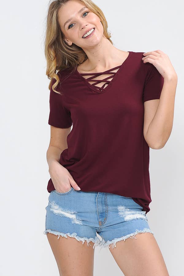 Burgundy Apparel - Wholesale Knit Top - Women's - CRISS CROSS SHORT SLEEVE TOP4