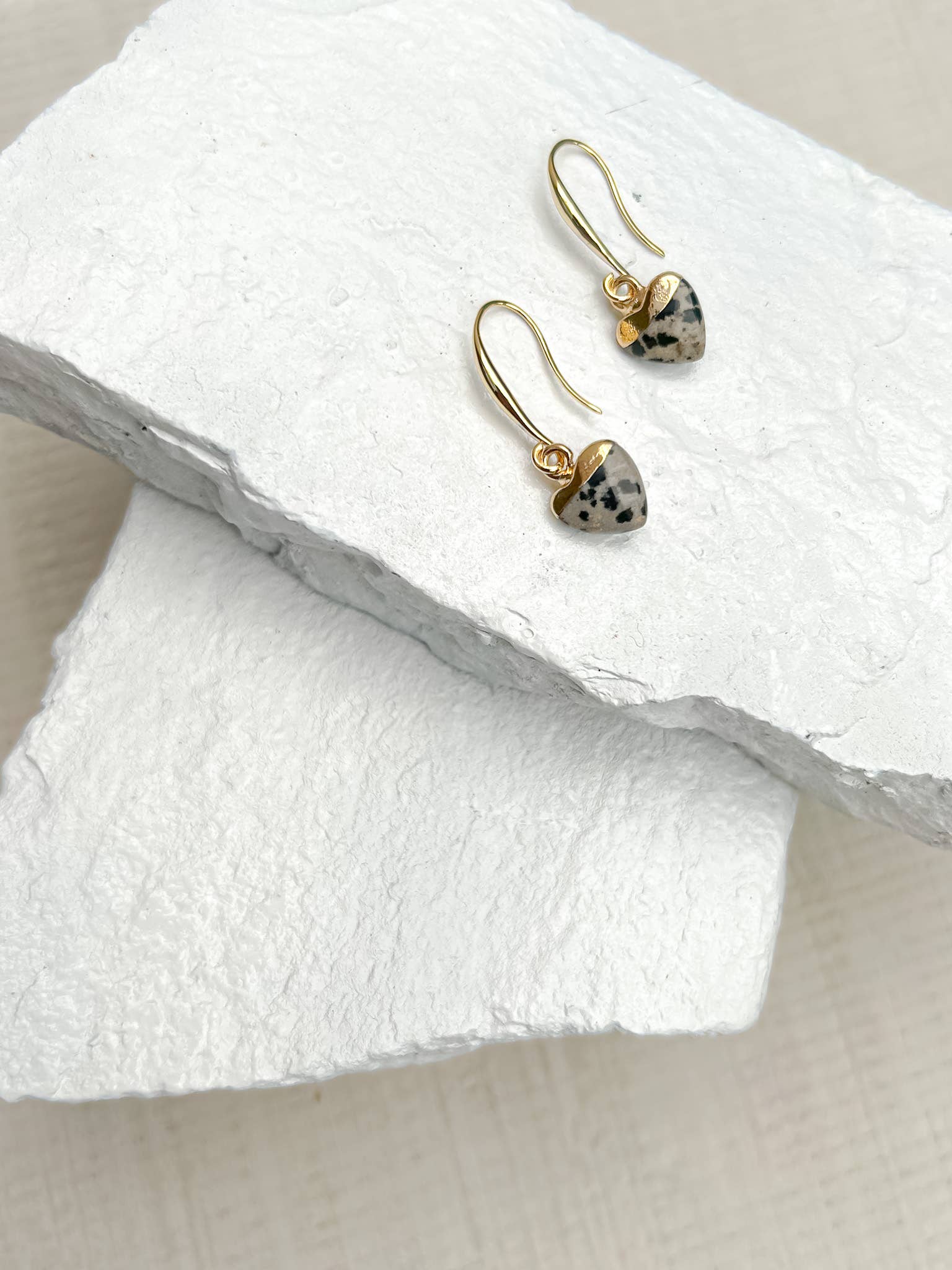 Roc Jewellery - Wholesale Dangle Earrings - Dalmation Jasper Small Heart Gold Plated Gemstone Earrings2