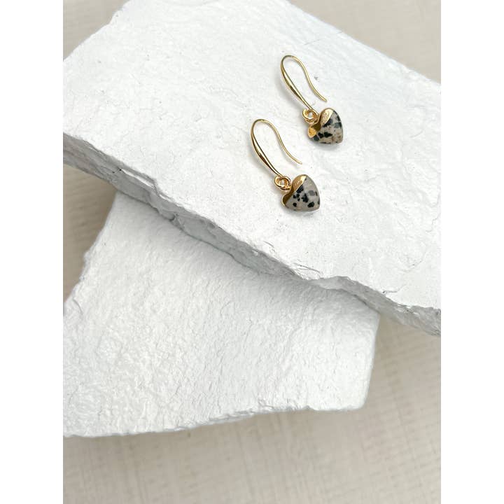 Roc Jewellery - Wholesale Dangle Earrings - Dalmation Jasper Small Heart Gold Plated Gemstone Earrings2