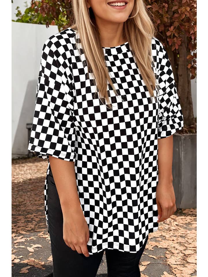 Black Plus Size Checkered Print Side Slits Round Neck T Shirt for wholesale on Faire