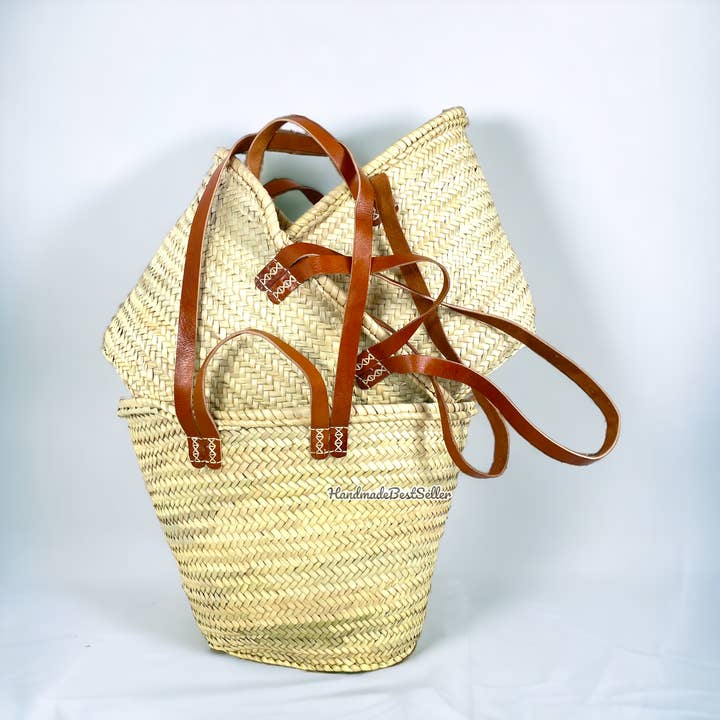 HandmadeBestSeller – wholesale Beach bag – French Market Basket With Leather Handles, Straw bag