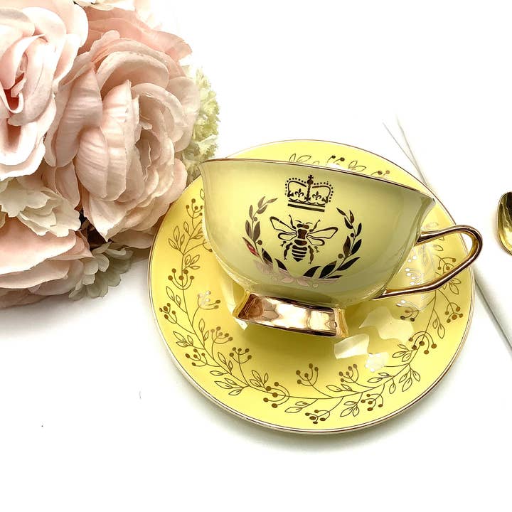 All Little Cute Things - Wholesale Tea Set - Bridgerton Golden Bee Yellow with Gold Teacup and Saucer
