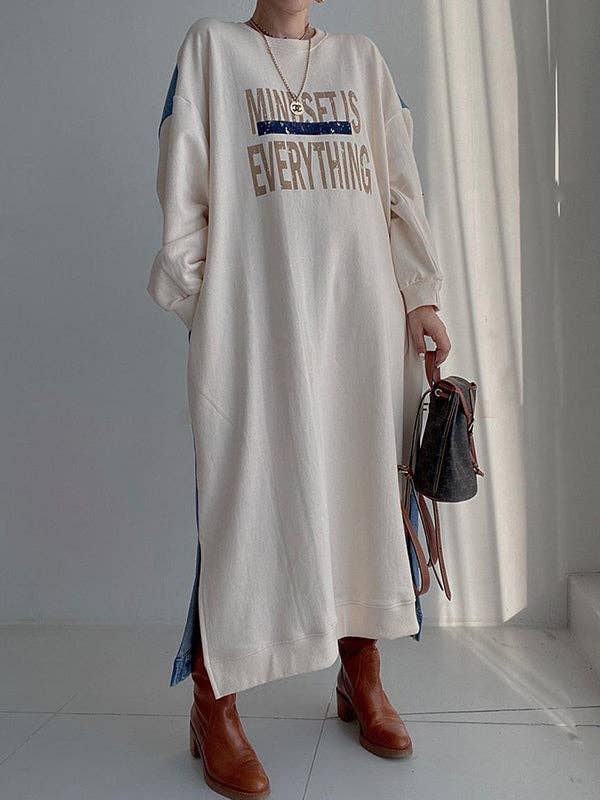 StyleGalX - Vente Robe – femme - Robes midi amples originales à manches longues et à col rond et imprimé de lettres6