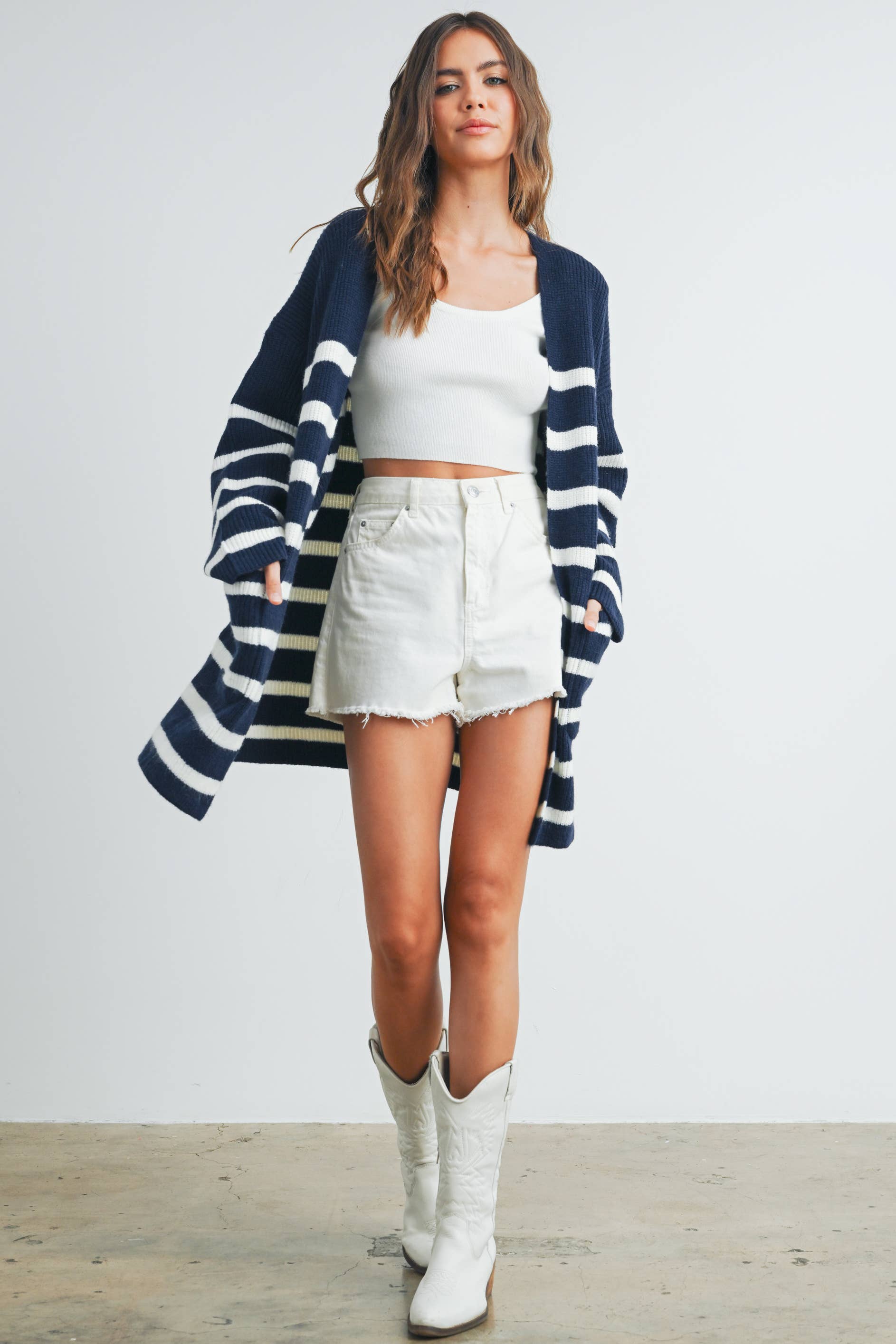 BUTTERMELON - Vente Cardigan – femme - Cardigan long à rayures tricoté - BMC731626