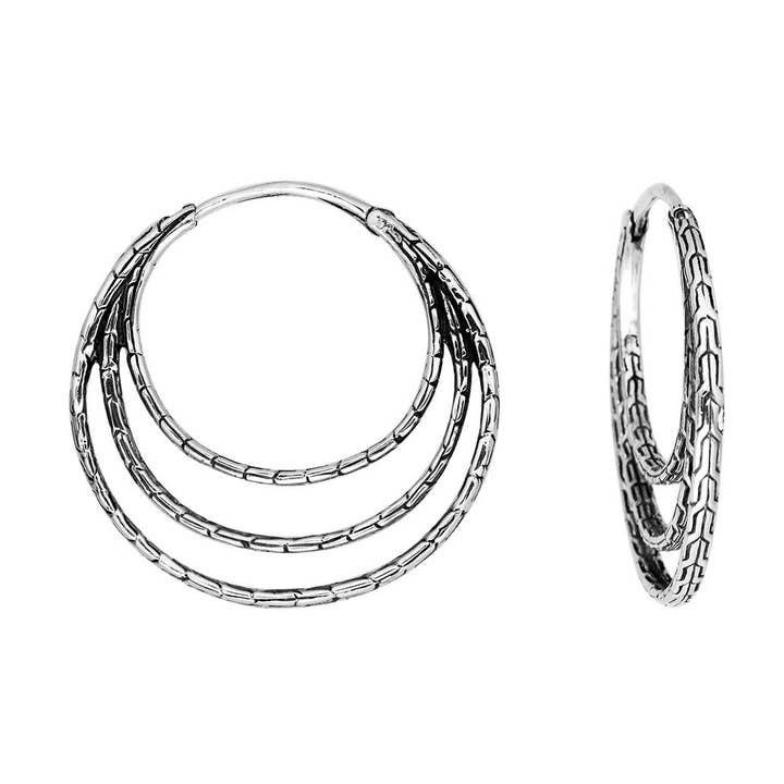 AE-1100-S Sterling Silver Triple Hoop Earrings With Textured Finish for wholesale by Bali Designs
