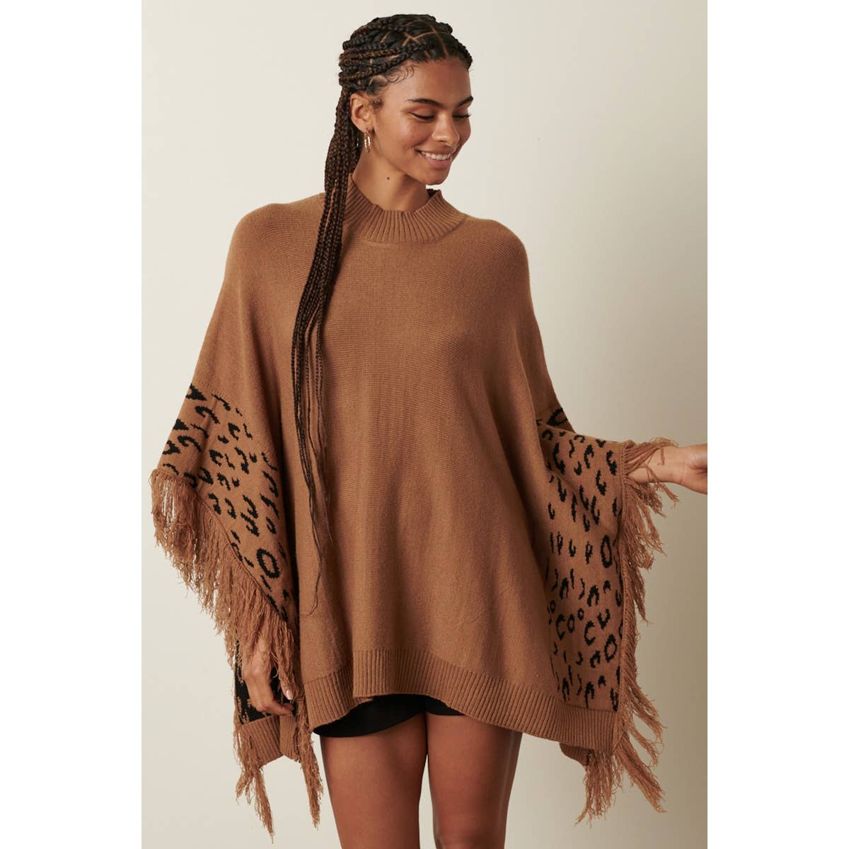 mittoshop - Wholesale Poncho - Women's - ANIMAL PRINT DETAIL TASSEL OVERSIZED PONCHO1