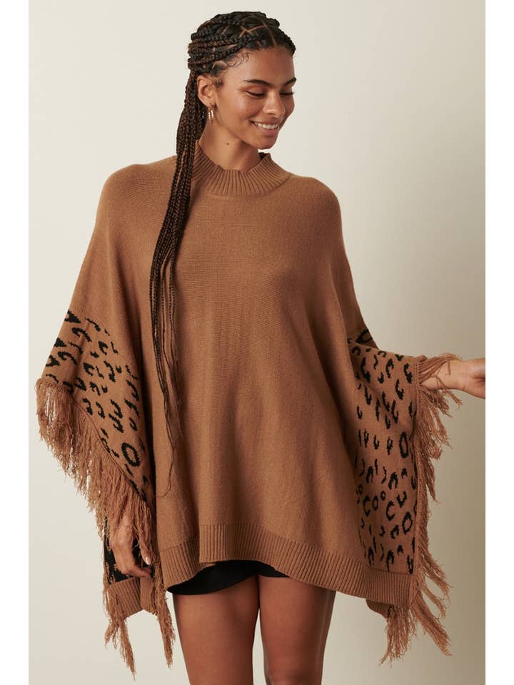mittoshop - Wholesale Poncho - Women's - ANIMAL PRINT DETAIL TASSEL OVERSIZED PONCHO1