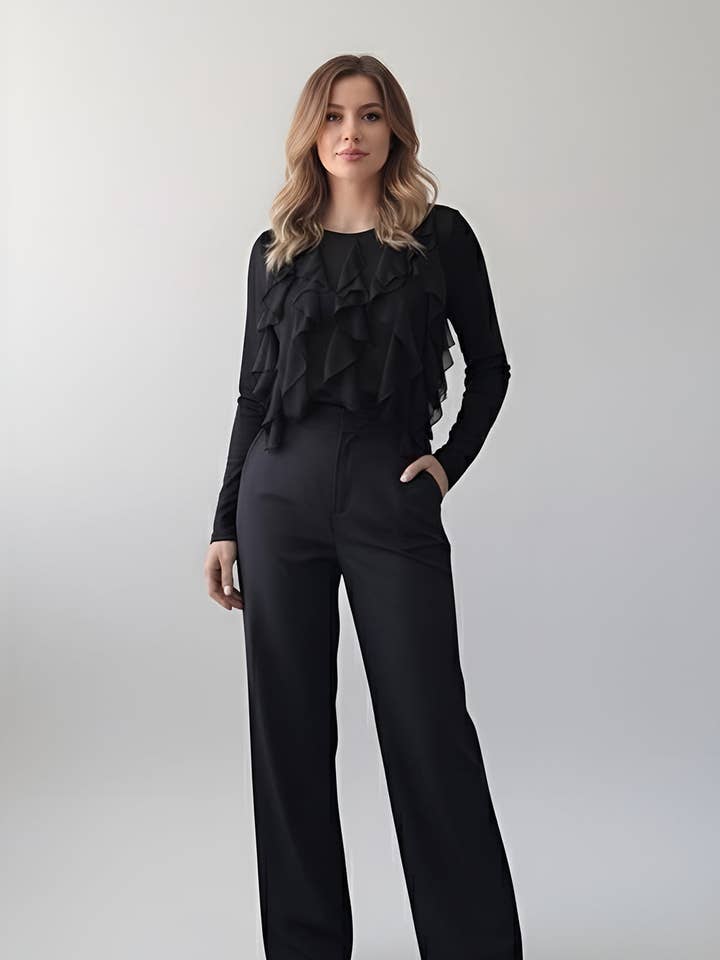 Black long sleeve shirt with ruffles for wholesale by Azuri Fashion Group