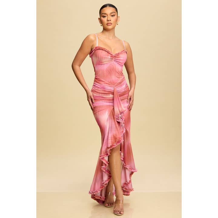 PRINT MESH RUFFLE HIGH & LOW COCKTAIL DRESS for wholesale by Luxxel