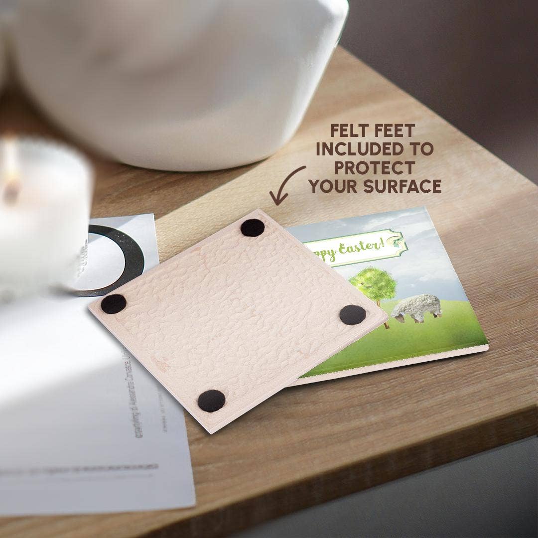 3dRose - Wholesale Coasters - 3dRose, Sheep Eating Grass, Tree with Bird, Happy Easter on Button Tag, Coaster3