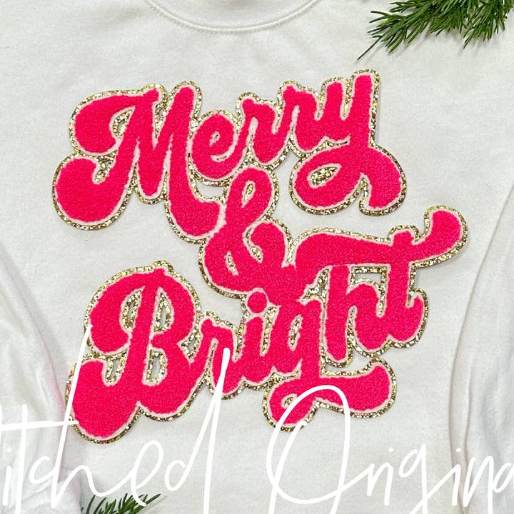 Merry & Bright HOT PINK Chenille patch for wholesale by Stitched Originals