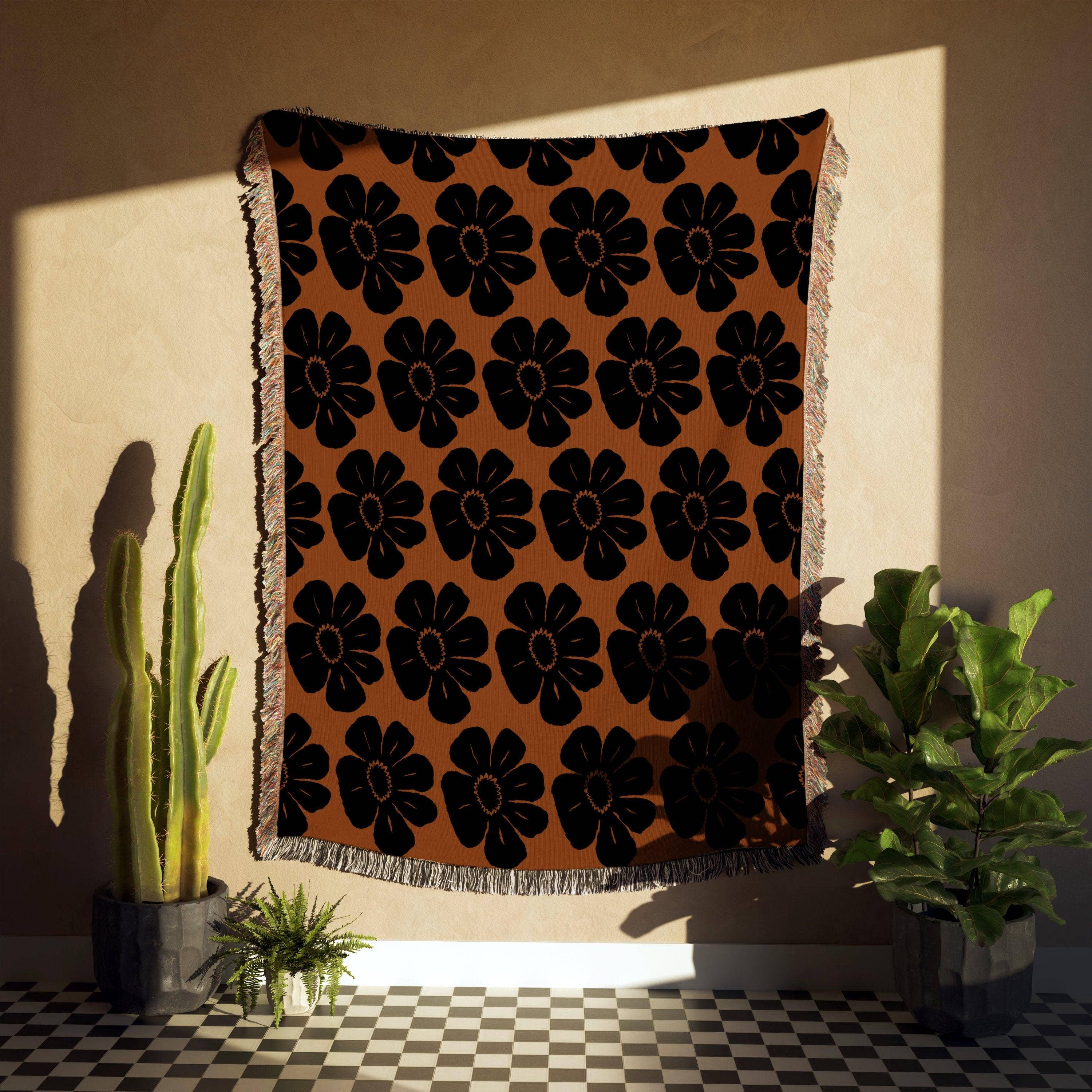 TaylorBassam - Wholesale Throw Blanket - Brown And Black Matisse Flower Woven Cotton Blankets2