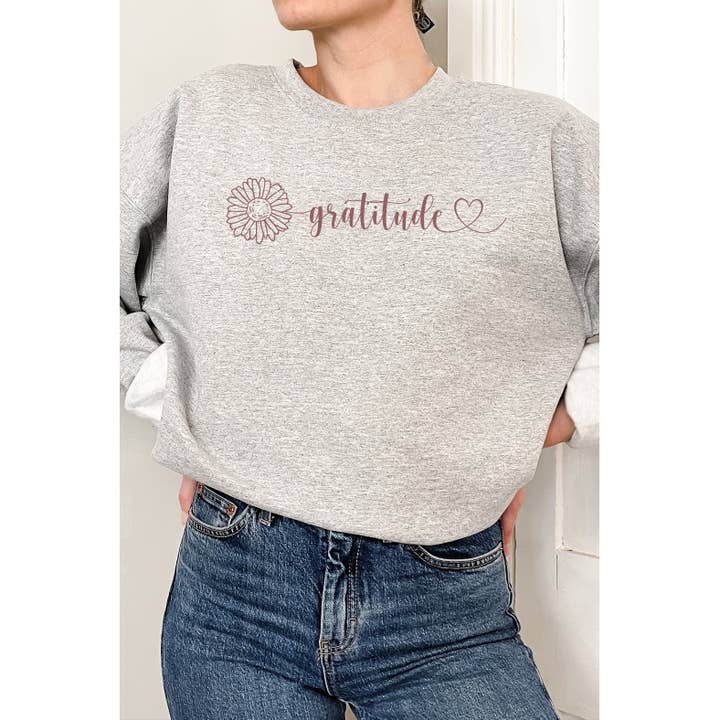 Select Apparel - Venta al por mayor Sudadera estampada - Mujer - Sudadera con estampado de caída de margaritas y corazones de Gratitude