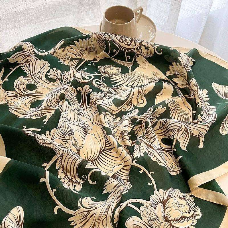 SueSilkHK - Wholesale Scarf - Women's - Green Boho Flora Chic Large Satin Scarf | 90x90cm Bandana | Twill Satin Shawl | Perfect Gift for Her, Mother's Day10